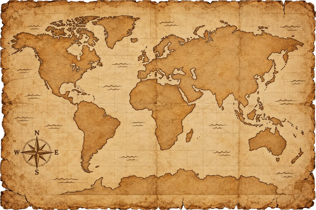 Parchment world map showing the SPUR Adventure route